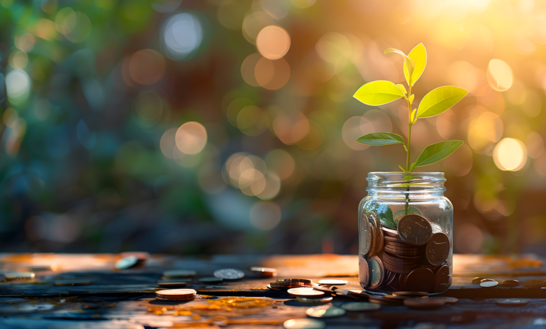 seedling, investment, coins, jar, glass, invest smart, money, finance, profit, wealth, financial, savings, benefit, value, deposit, background, decision, bokeh